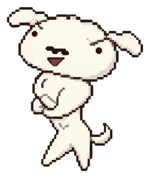 Smuggo, a white pixel-art dog with arms crossed and one eyebrow raised, mid-stride